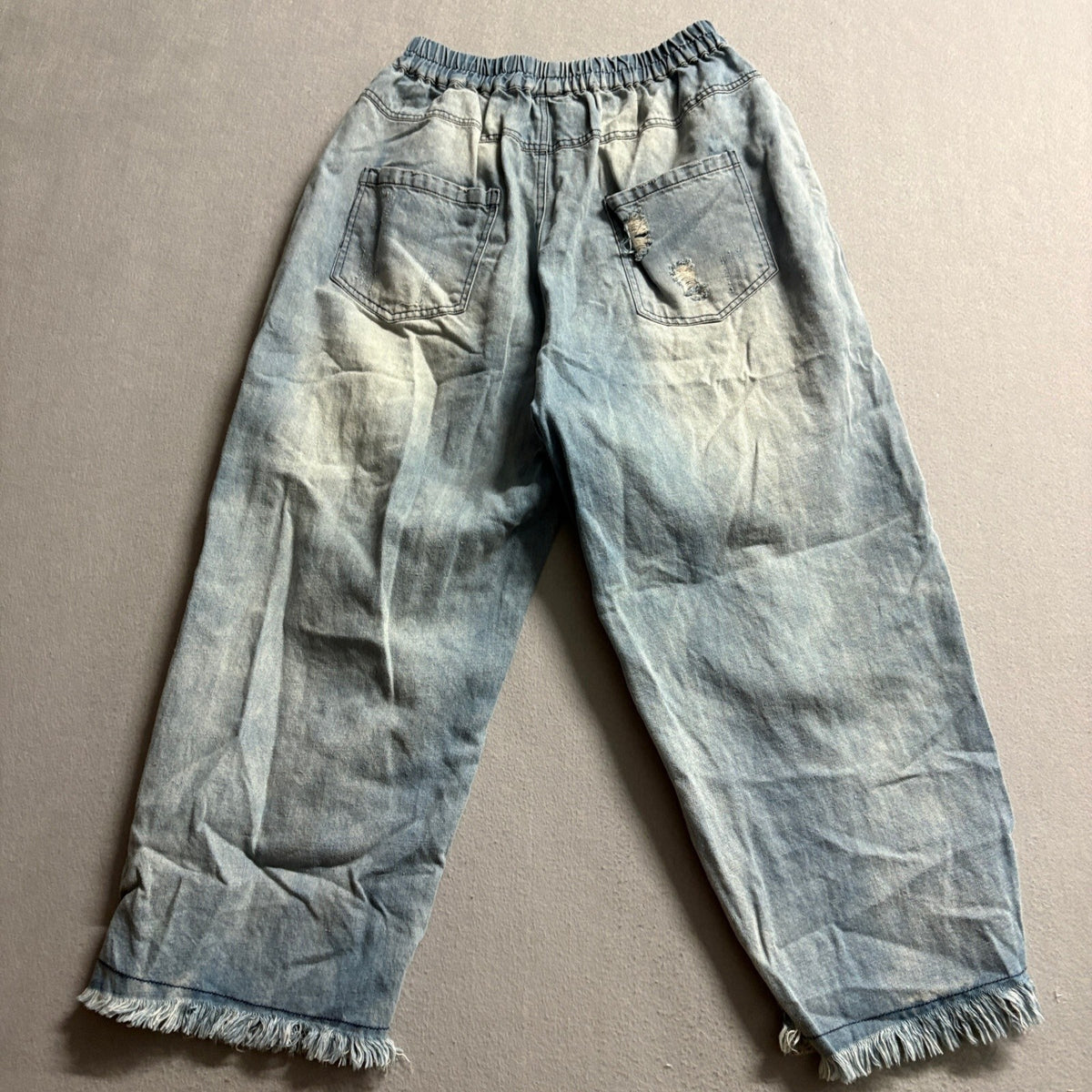 Unbranded Distressed Patchwork Jeans Womens M Blue Denim Elastic Waist Fringed