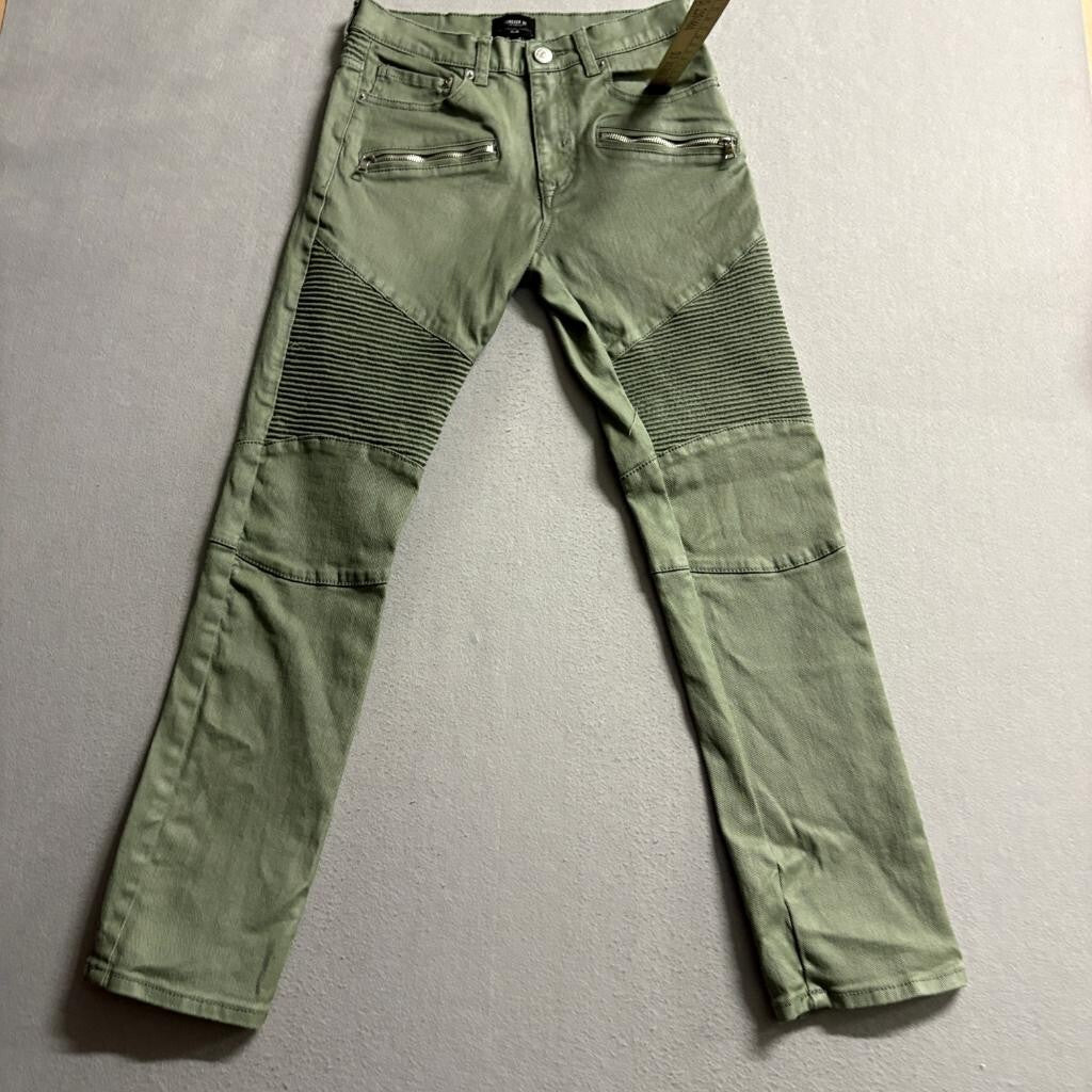 Forever 21 Slim Biker Jeans Mens 29 Olive Green Moto Ribbed Denim Pants