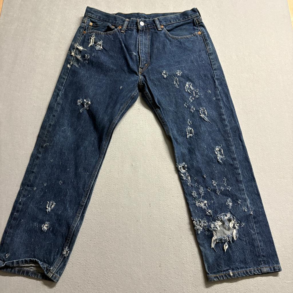 Levis 505 Regular Fit Distressed Jeans Mens 36x29 Blue Denim Heavy Destroyed