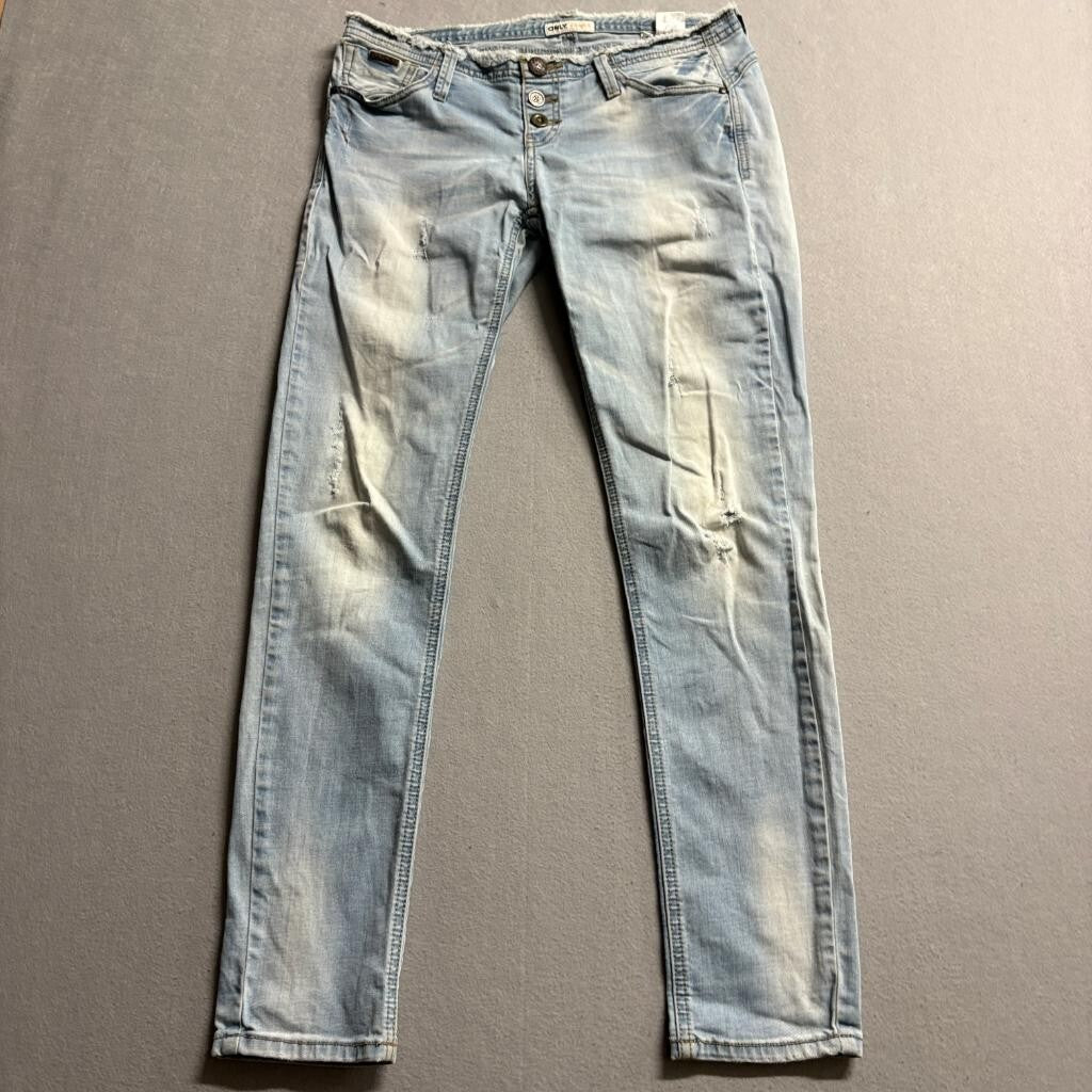 Only Jeans Womens 30 Light Wash Distressed Low Rise Skinny Lace Up Back Pocket