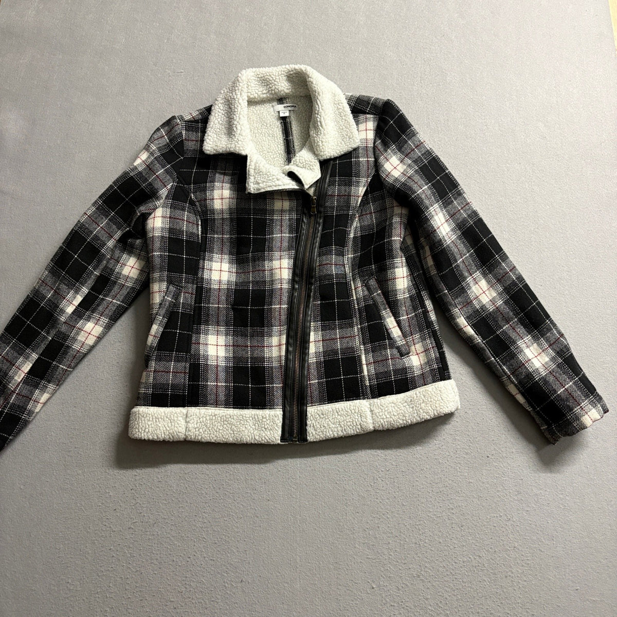 Sonoma Plaid Sherpa Lined Moto Jacket Womens Small Black White Asymmetrical Zip