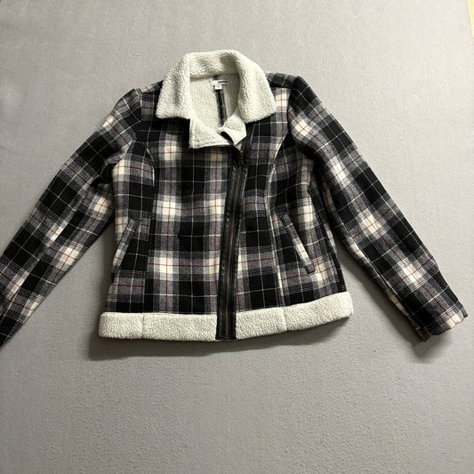 Sonoma Plaid Sherpa Lined Moto Jacket Womens Small Black White Asymmetrical Zip