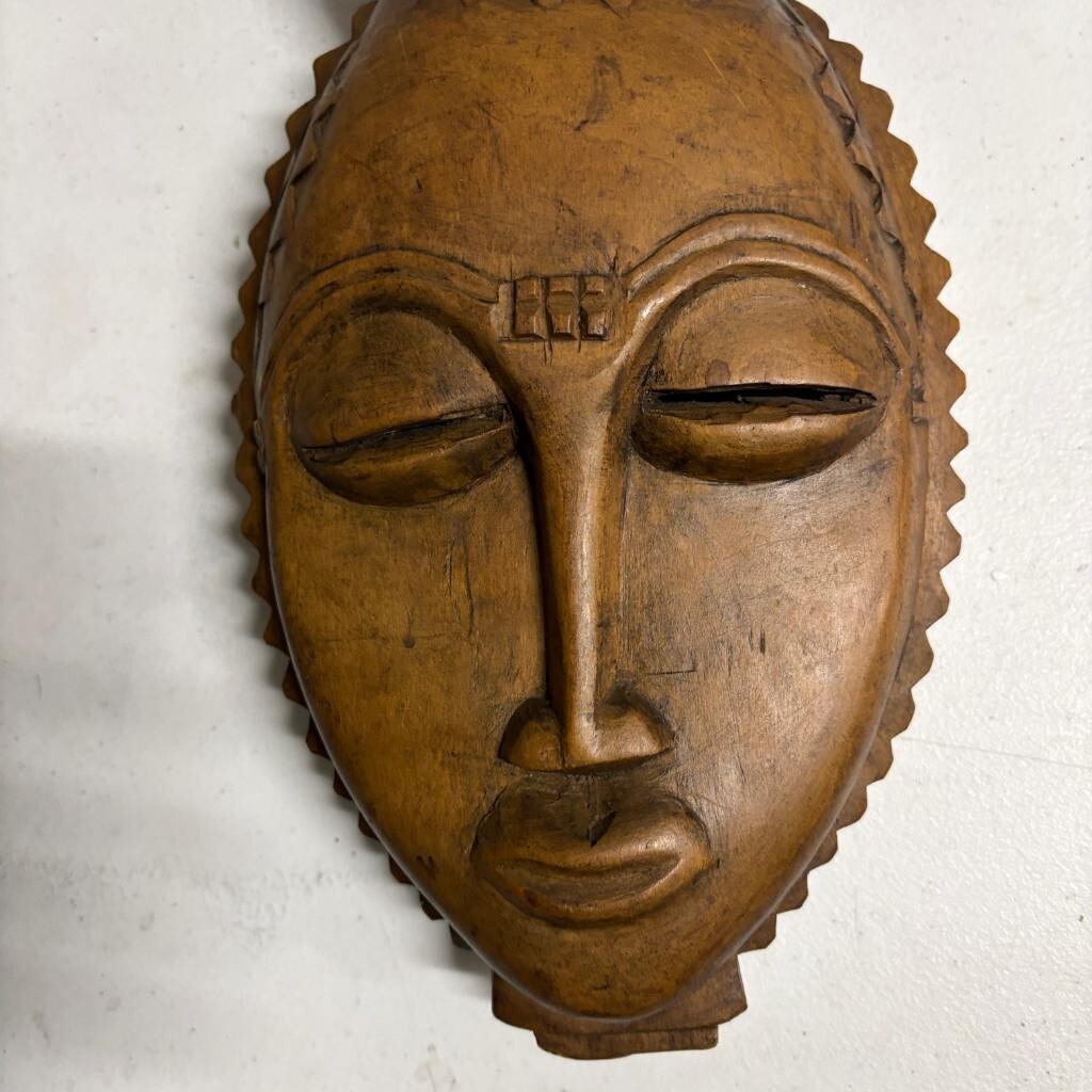 Vintage Hand Carved African Wooden Mask Baule Guro Style Birds Wall Hanging 14"