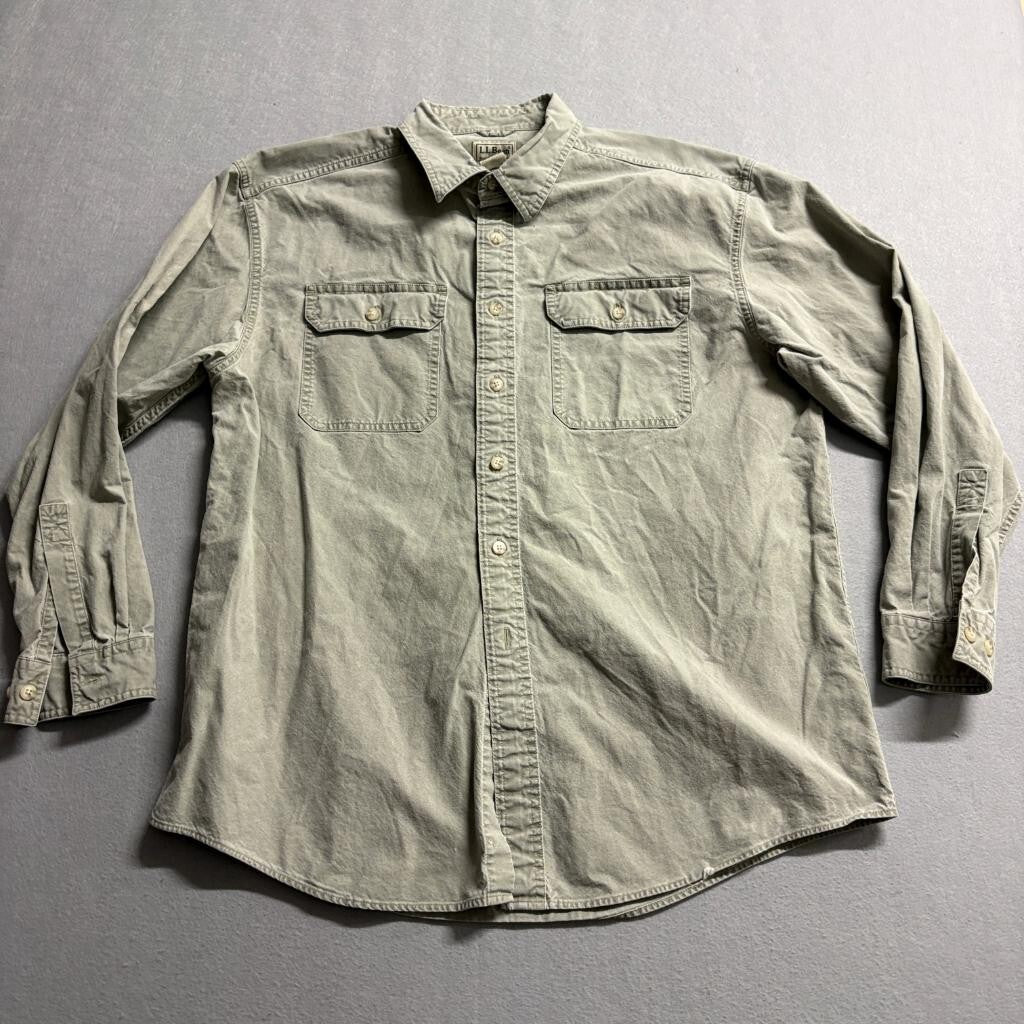 LL Bean Shirt Mens Large Green Cotton Twill Long Sleeve Button Down Workwear