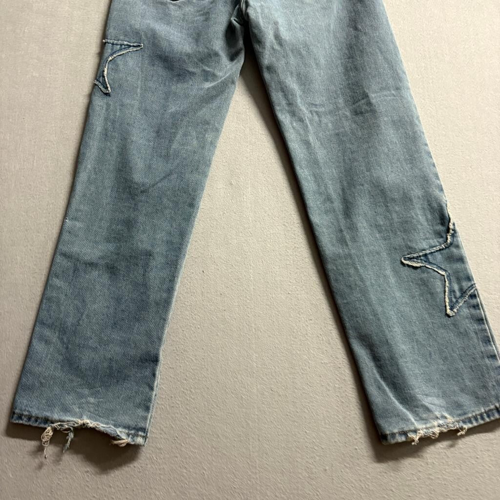 Angel Kiss Star Patch Jeans Womens Size 3/26 Blue Denim Straight Leg Raw Hem