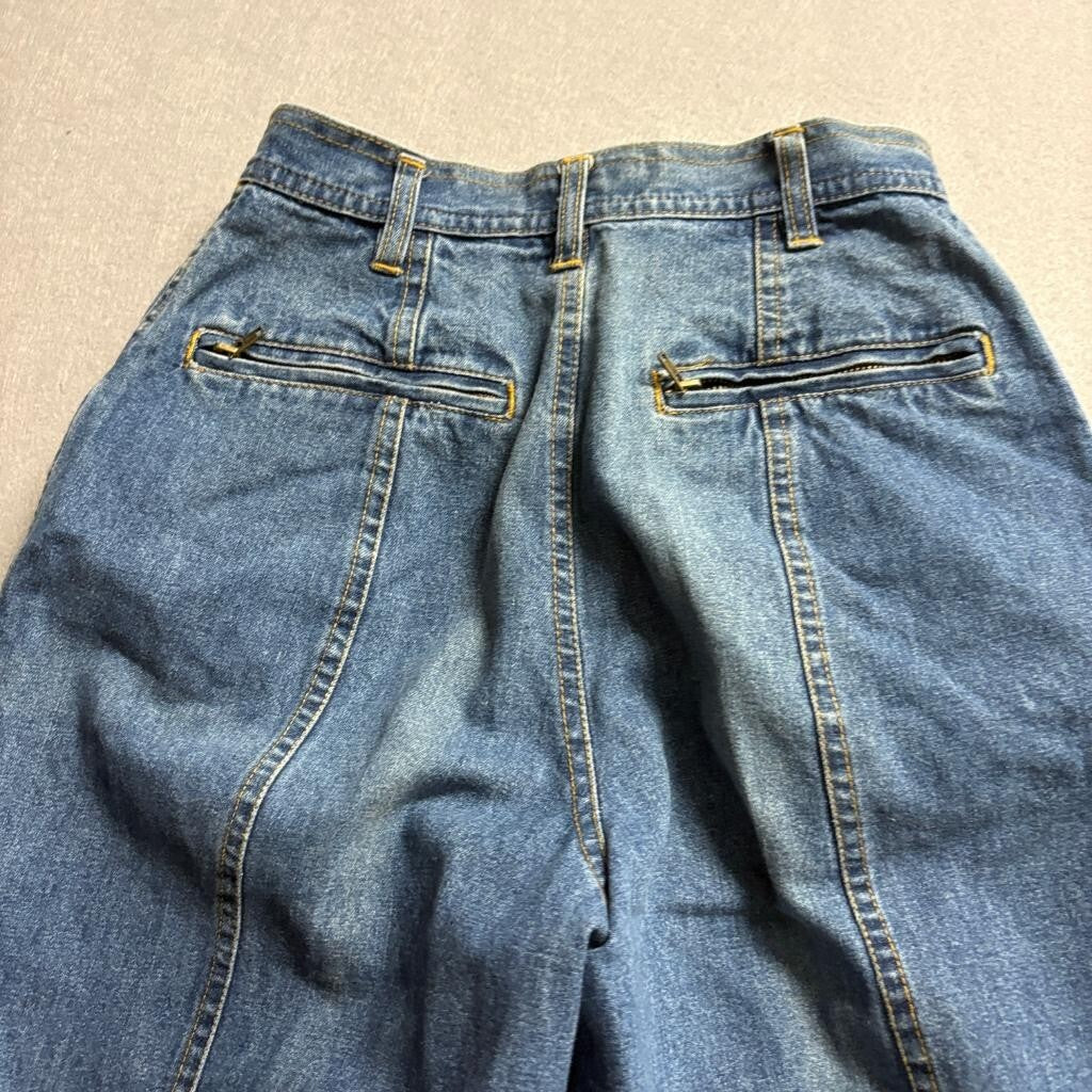 Vintage QPS Jeans Womens 4 Petite Blue Denim High Rise Tapered Leg Ankle Strap