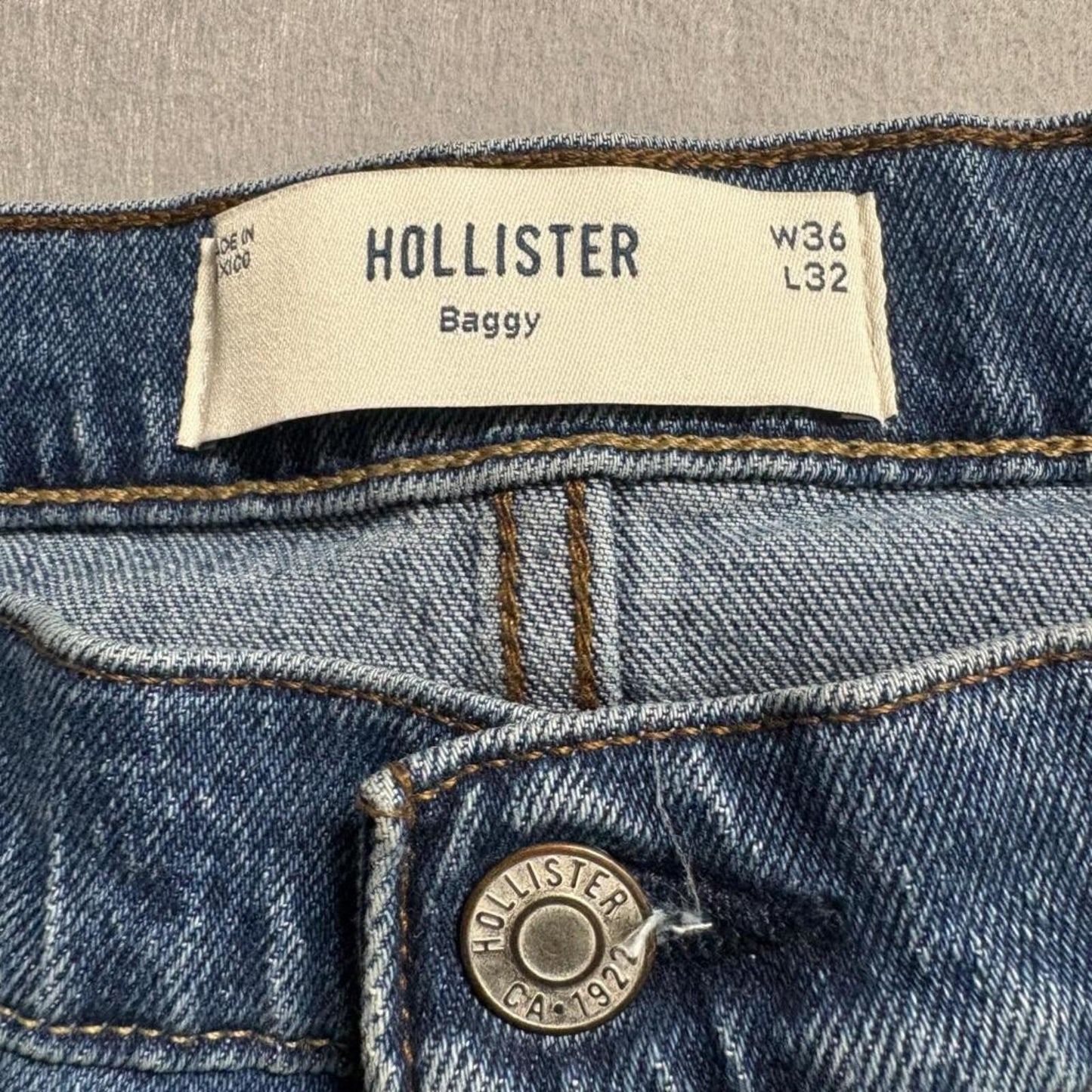 Hollister Baggy Jeans Mens 36x32 Blue Denim Relaxed Wide Leg Carpenter Pockets