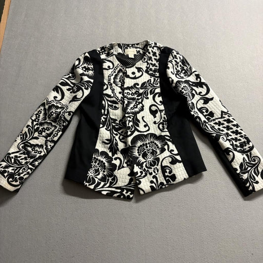 Chico's Quilted Jacket Womens Size 0 XS Black White Floral Polka Dot Open Front