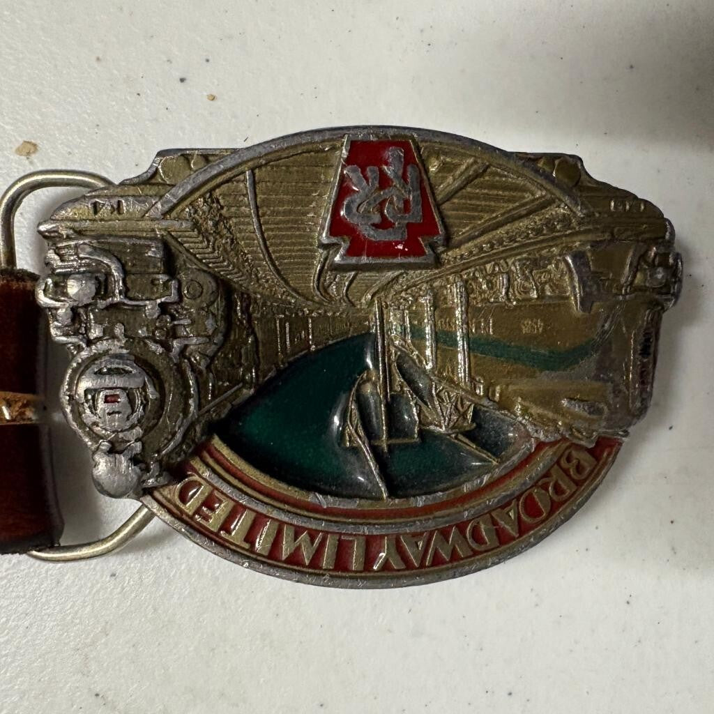 Vintage 1987 Pennsylvania Railroad Broadway Limited Belt Buckle with Leather