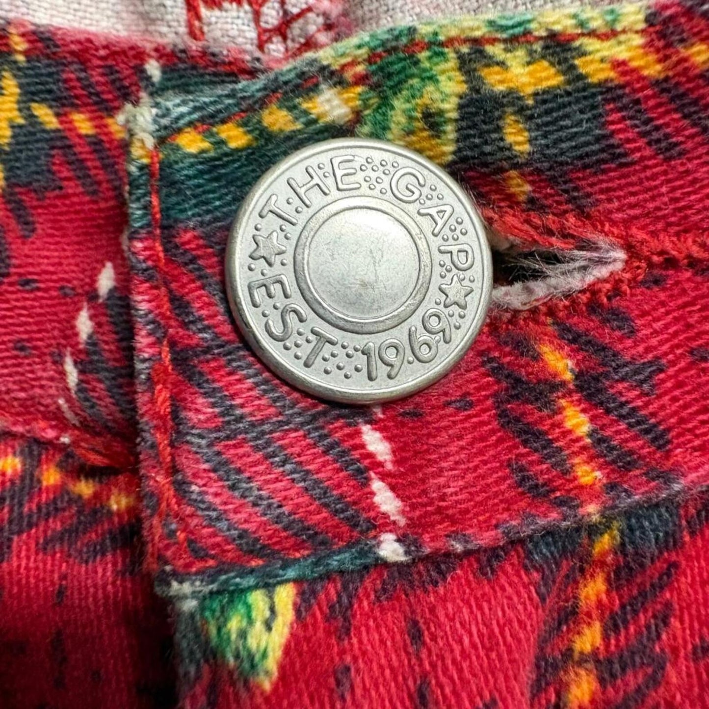 Vintage Gap Denim Plaid Floral Jeans Womens 26 Red Tartan Rose Print 90s