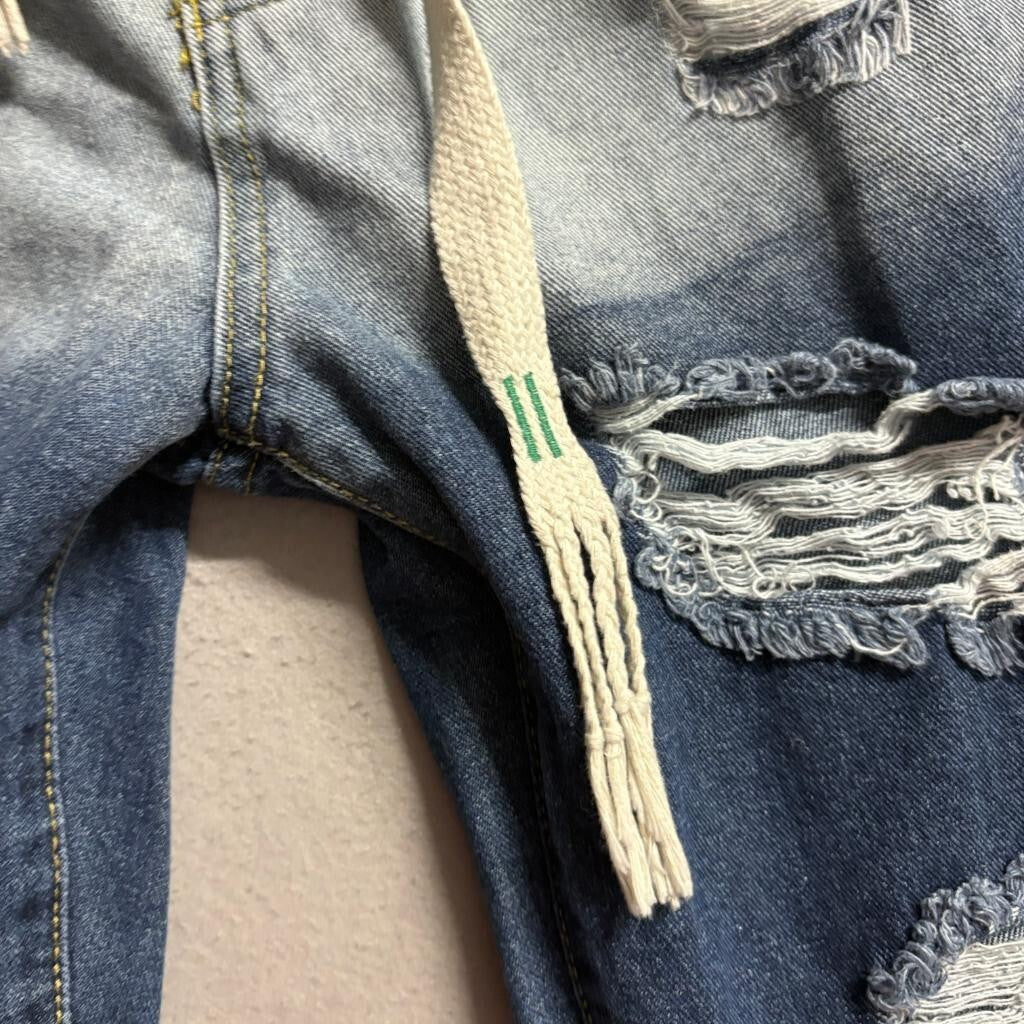 ClassicB Distressed Patchwork Jeans Womens Size 28 Ombre Blue Bear Varsity 78