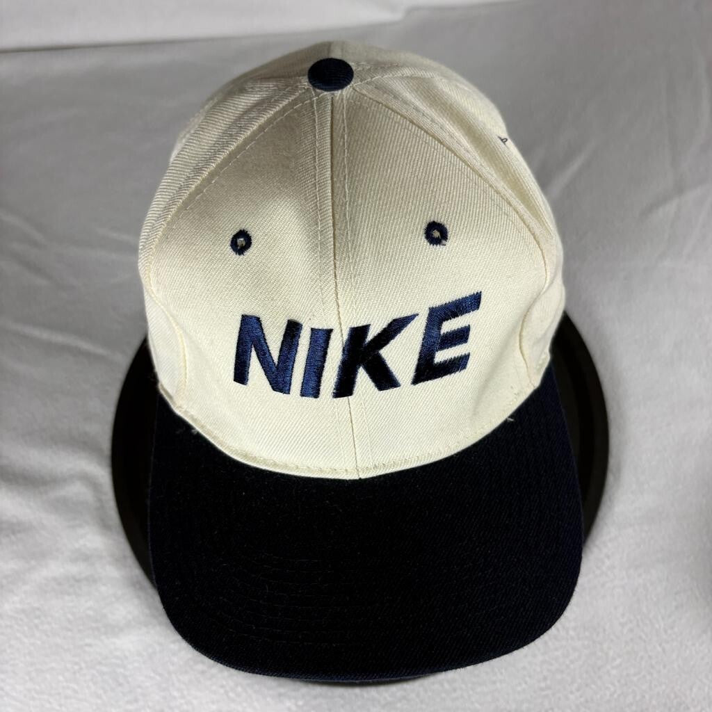 Vintage Nike Spellout Snapback Hat Cream Navy Blue Ace Tag Made in Korea Cap
