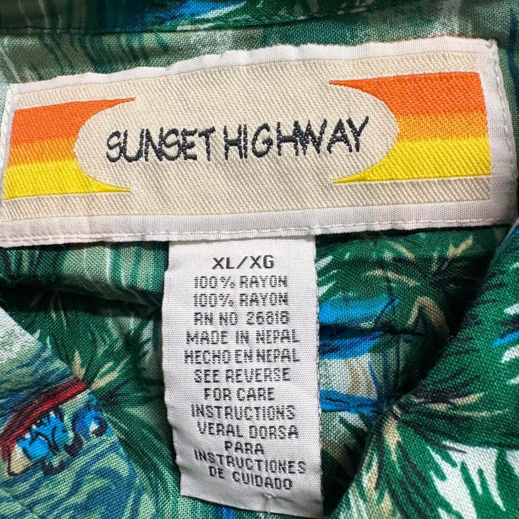 Sunset Highway Hawaiian Shirt Mens XL Green Rayon Tropical Palm Tree Boat Nepal