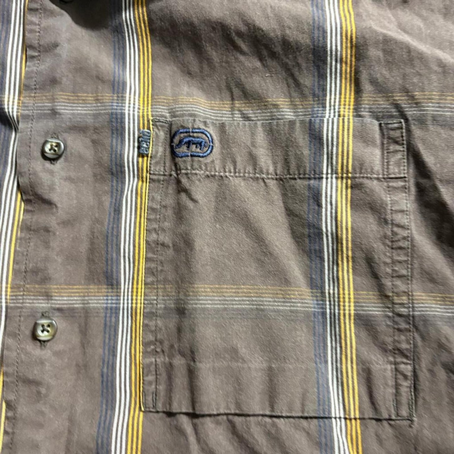 Ecko Unltd Mens XL Brown Striped Short Sleeve Button Up Woven Cotton Shirt Y2K