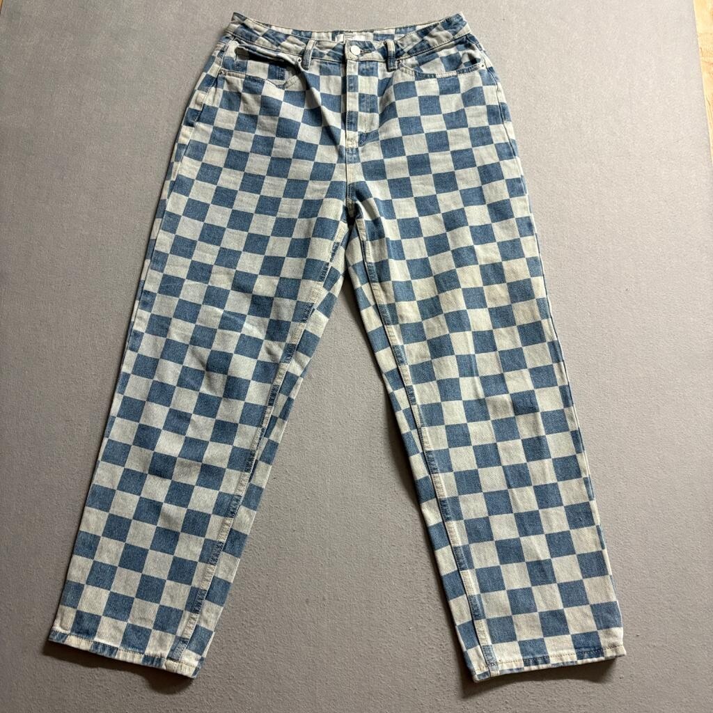 Forever 21 Checkered Jeans Womens 30 Blue White Checkerboard Straight Leg Denim