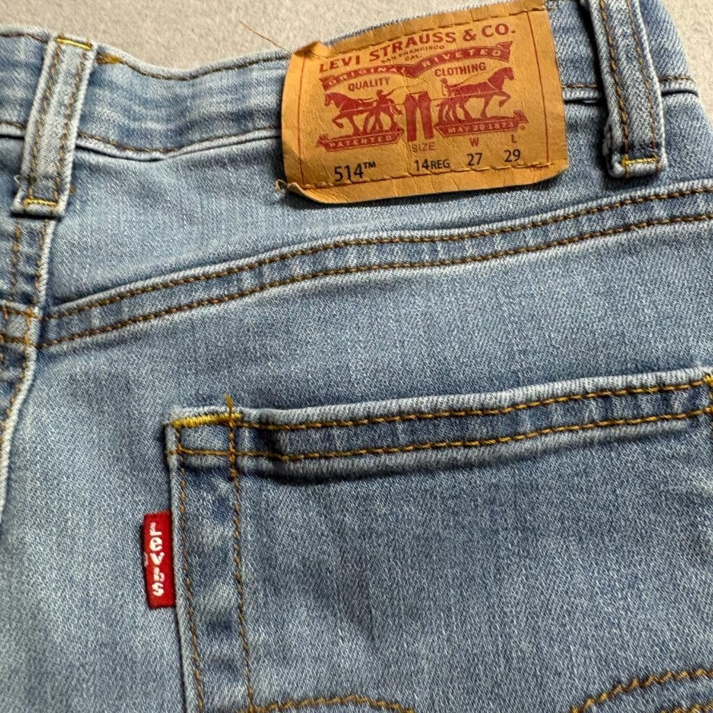 Levi's 514 Boys Jeans Size 14 Reg Blue Denim Distressed Straight Leg Adjustable