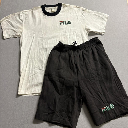 Vintage Fila T-Shirt and Shorts Set Mens XL White Black Ringer Tee Sportswear