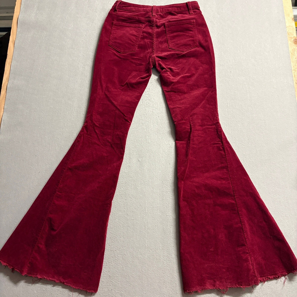 Saints & Hearts Corduroy Flare Pants Large Red Raw Hem High Rise Stretch Bell