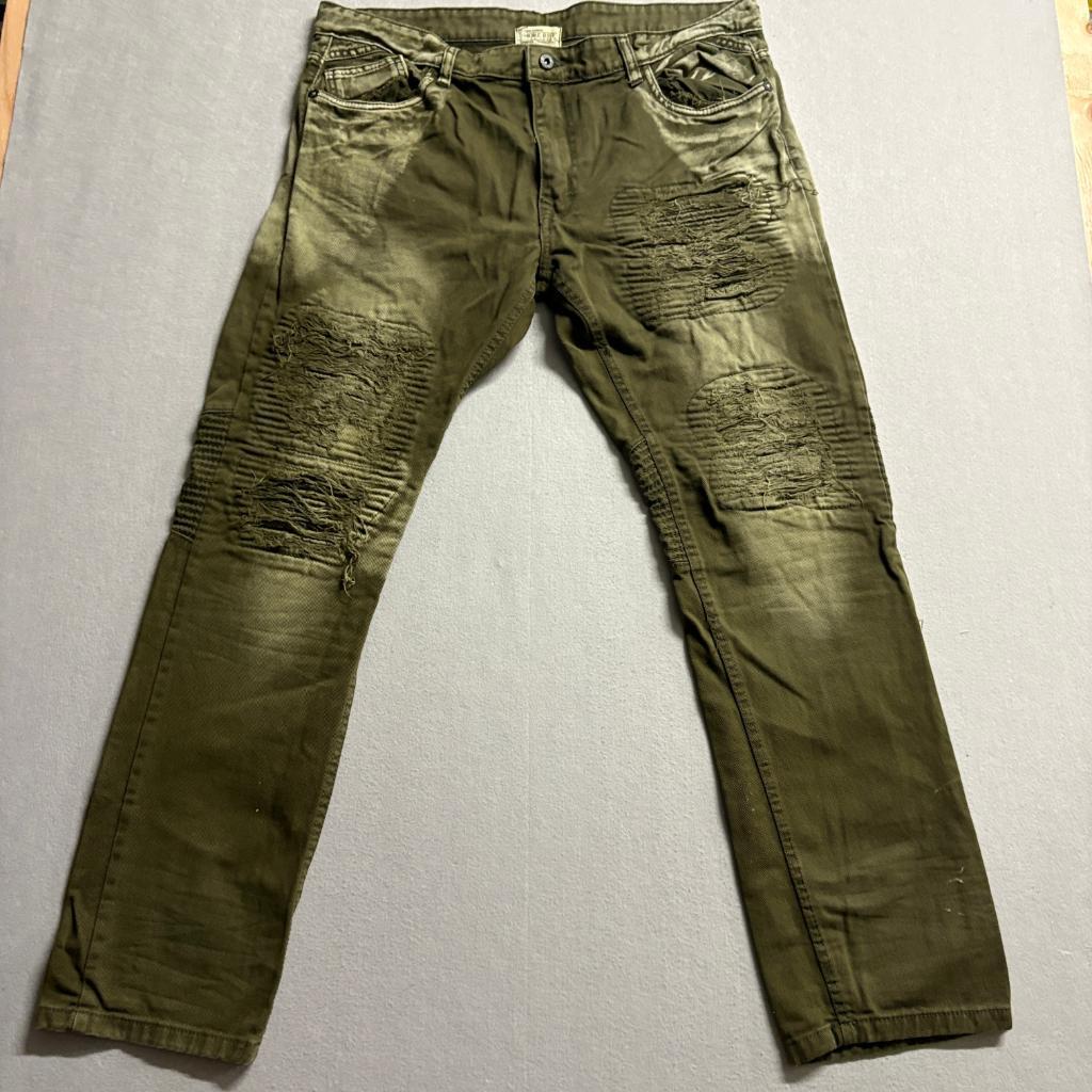 Smoke Rise Mens Moto Biker Jeans Olive Green Distressed Ribbed Size 40x32