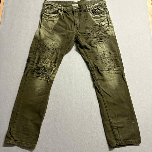 Smoke Rise Mens Moto Biker Jeans Olive Green Distressed Ribbed Size 40x32
