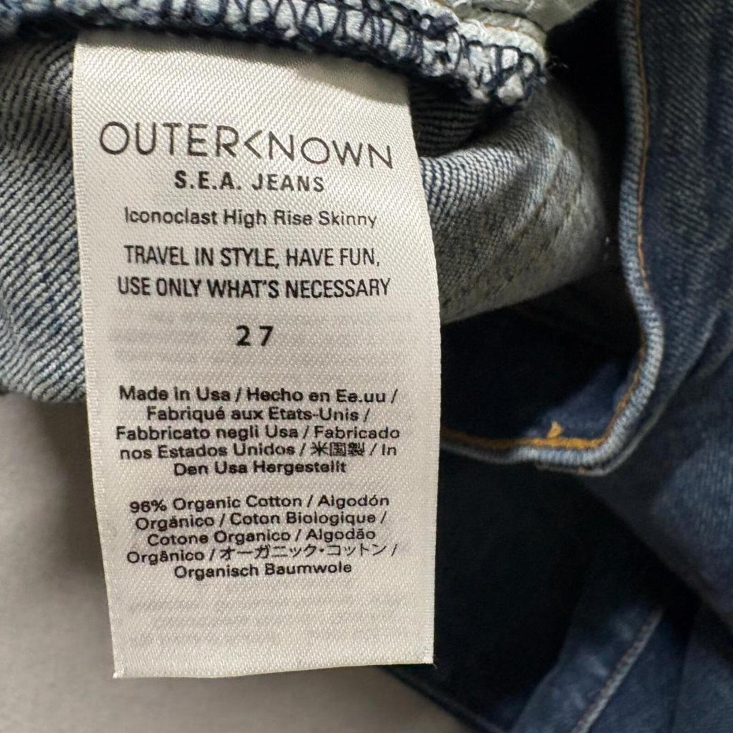 Outerknown SEA Jeans Iconoclast High Rise Skinny Womens 27 Blue Organic Cotton
