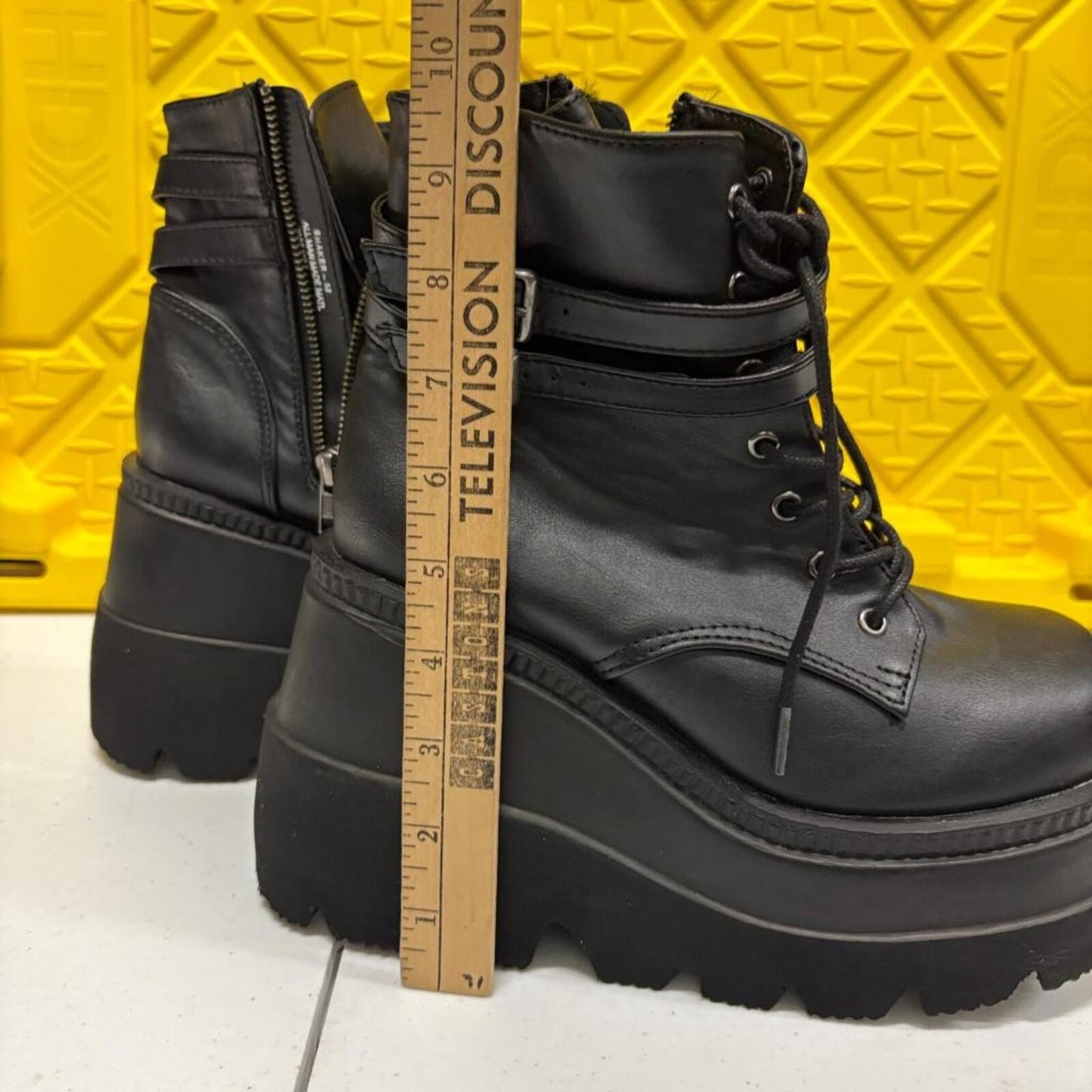 Demonia Shaker 52 Black Faux Leather Platform Wedge Ankle Boots Womens Size