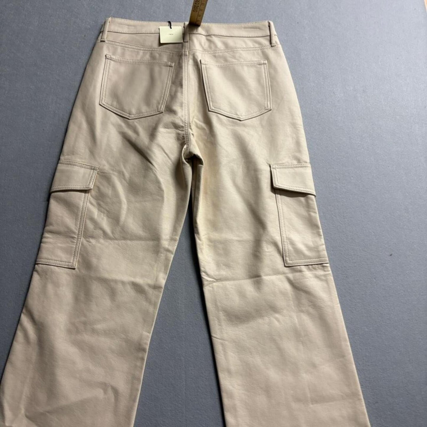Tgla Faux Leather Cargo Pants Womens 11/30 Beige Wide Leg High Rise NWT
