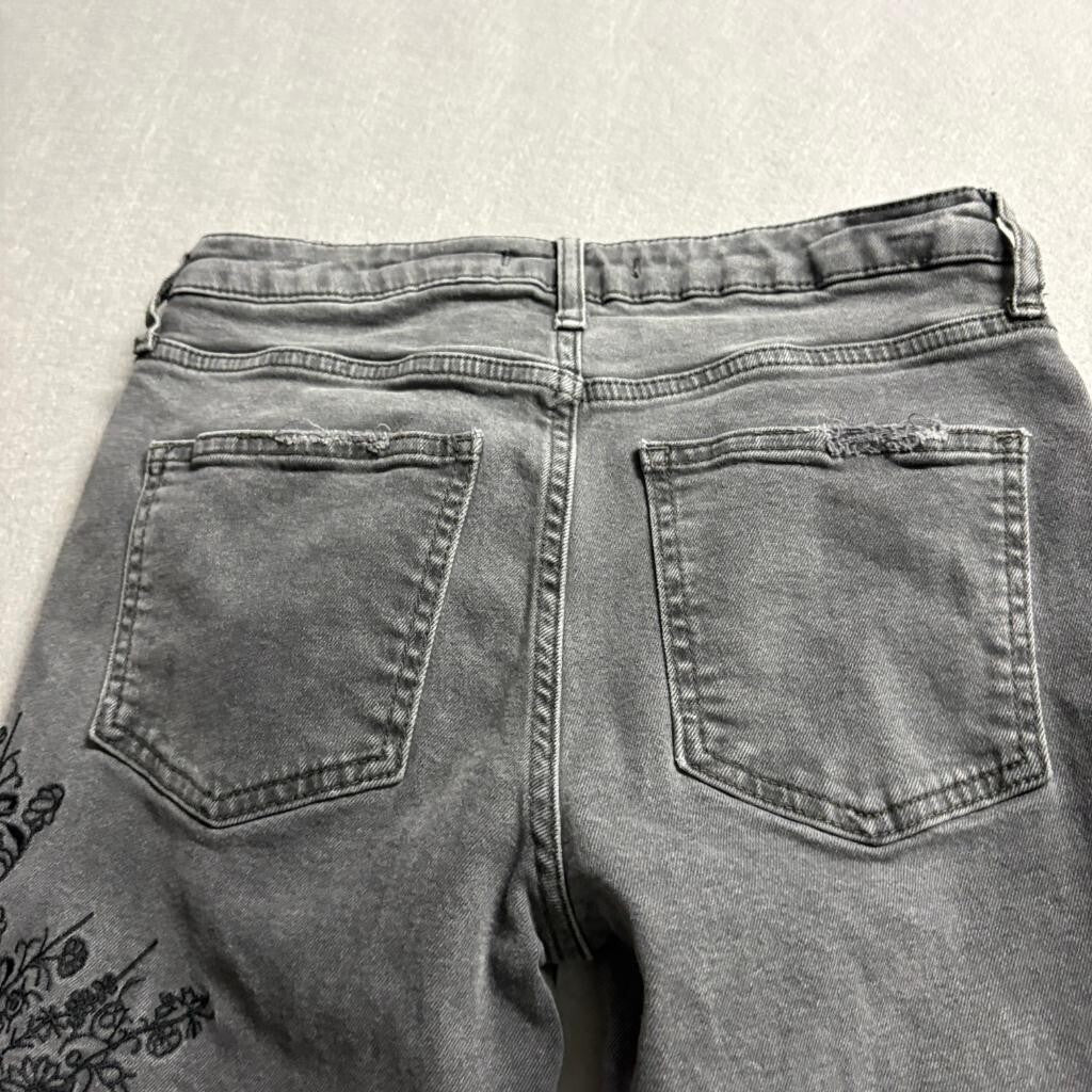 We The Free Free People Embroidered Jeans Womens 26 Gray Raw Hem Floral Crop