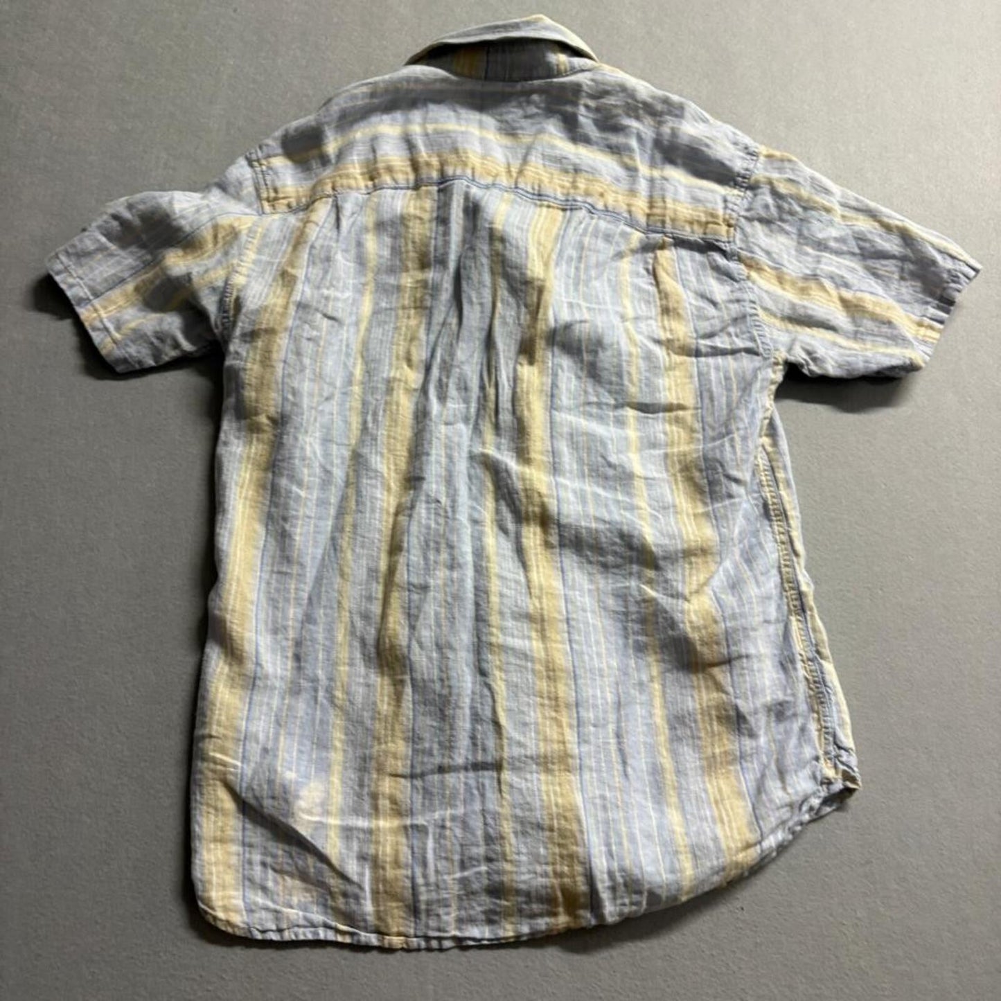Tommy Bahama Shirt Mens Medium Blue Yellow Striped 100% Linen Short Sleeve