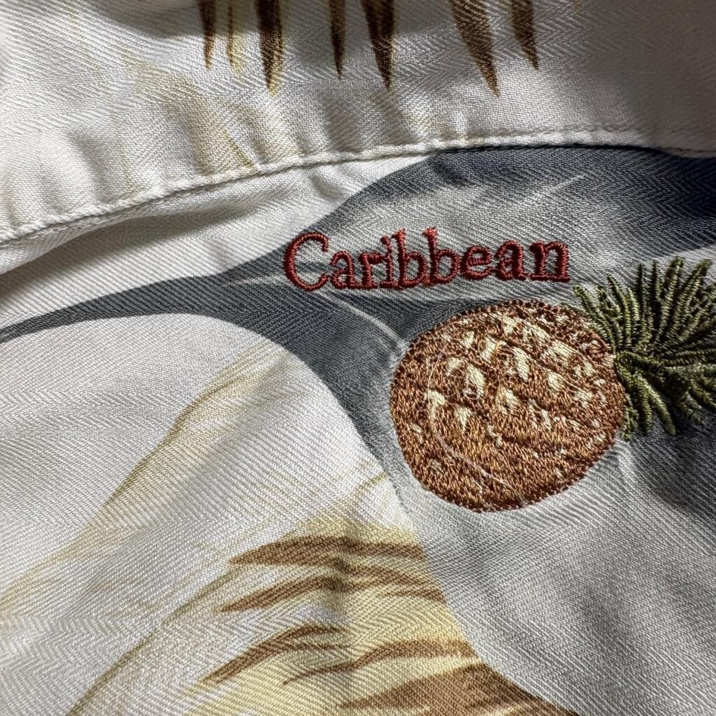 Caribbean Joe Mens 3X Silk Cotton Hawaiian Shirt Tropical Palm Leaf Beige Green