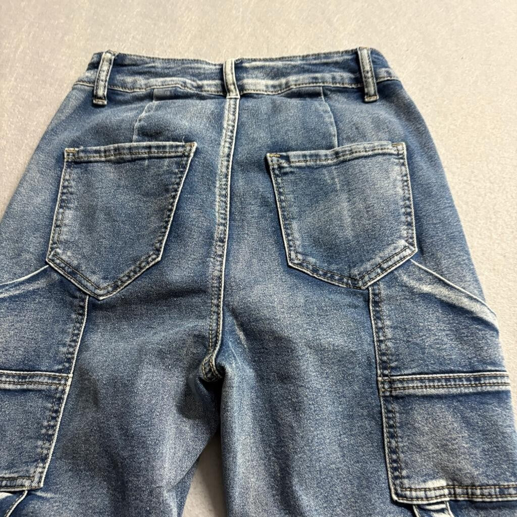 Unbranded Stacked Flare Jeans Womens XS Blue Denim High Rise Ruched Cargo Pocket