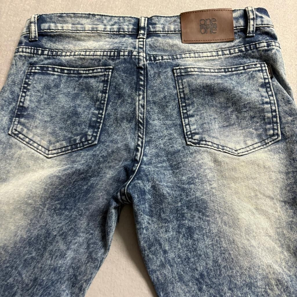 One Point One Biker Jeans Mens 18 Acid Wash Blue Denim Moto Ribbed Stretch