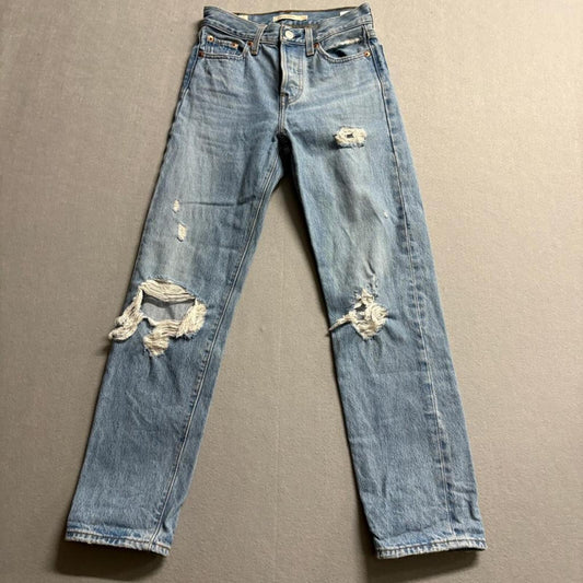 Levi's Premium Wedgie Straight Jeans Womens 23x28 Blue Distressed High Rise