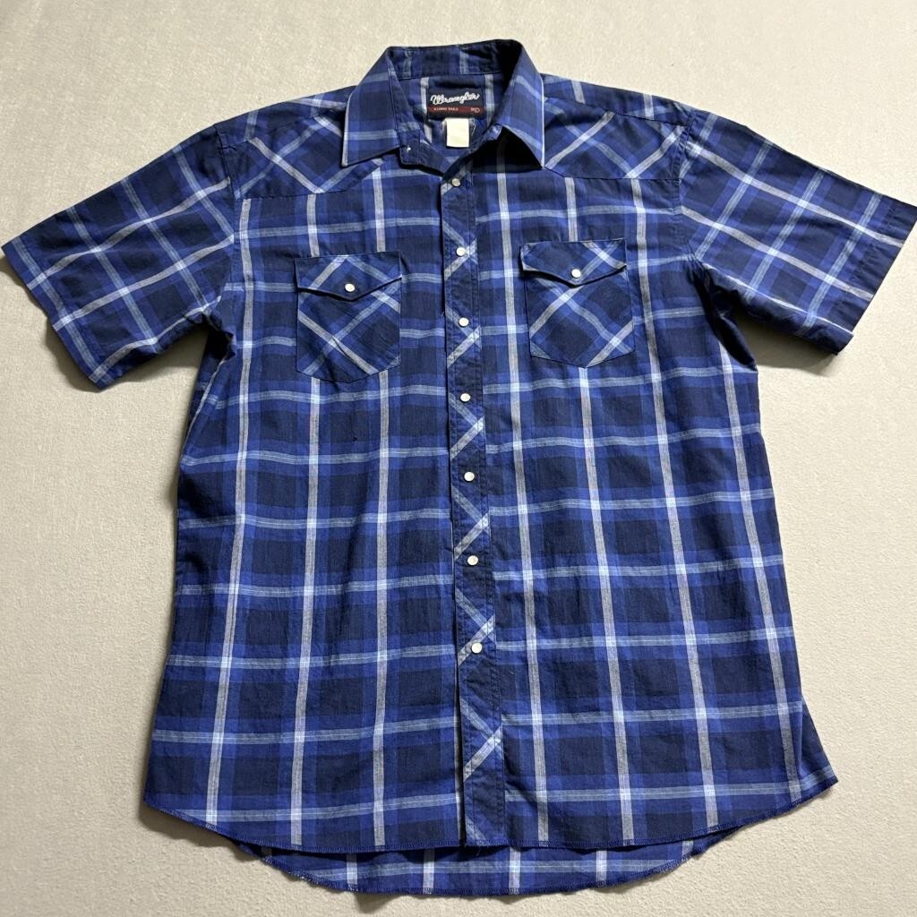 Wrangler Western Shirt Mens Large Blue Plaid Short Sleeve Pearl Snap X-Long