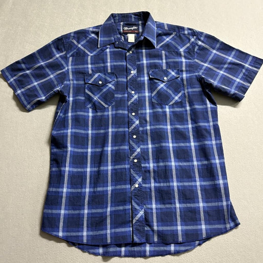 Wrangler Western Shirt Mens Large Blue Plaid Short Sleeve Pearl Snap X-Long
