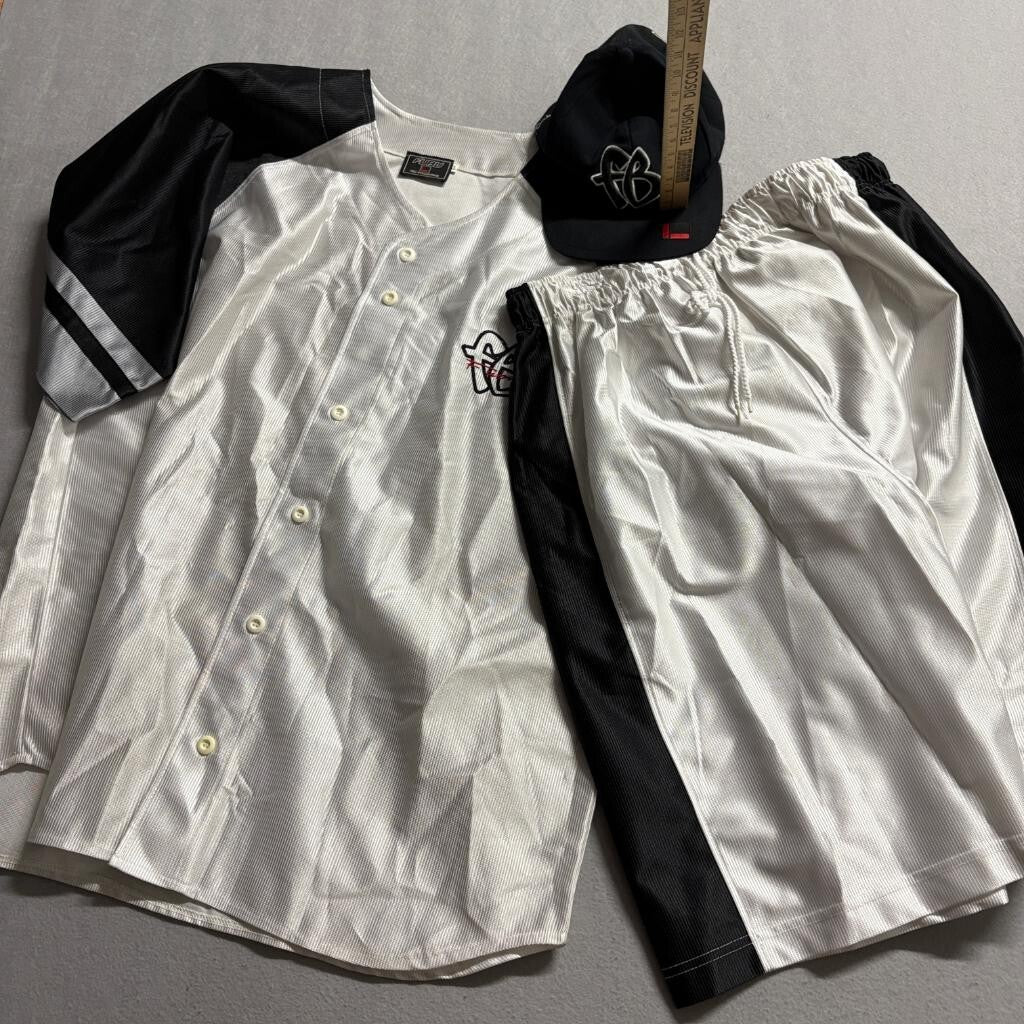 Vintage FUBU The Collection Baseball Jersey Shorts Hat 3 Piece Set Mens XL White