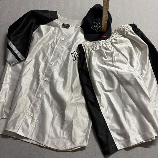 Vintage FUBU The Collection Baseball Jersey Shorts Hat 3 Piece Set Mens XL White