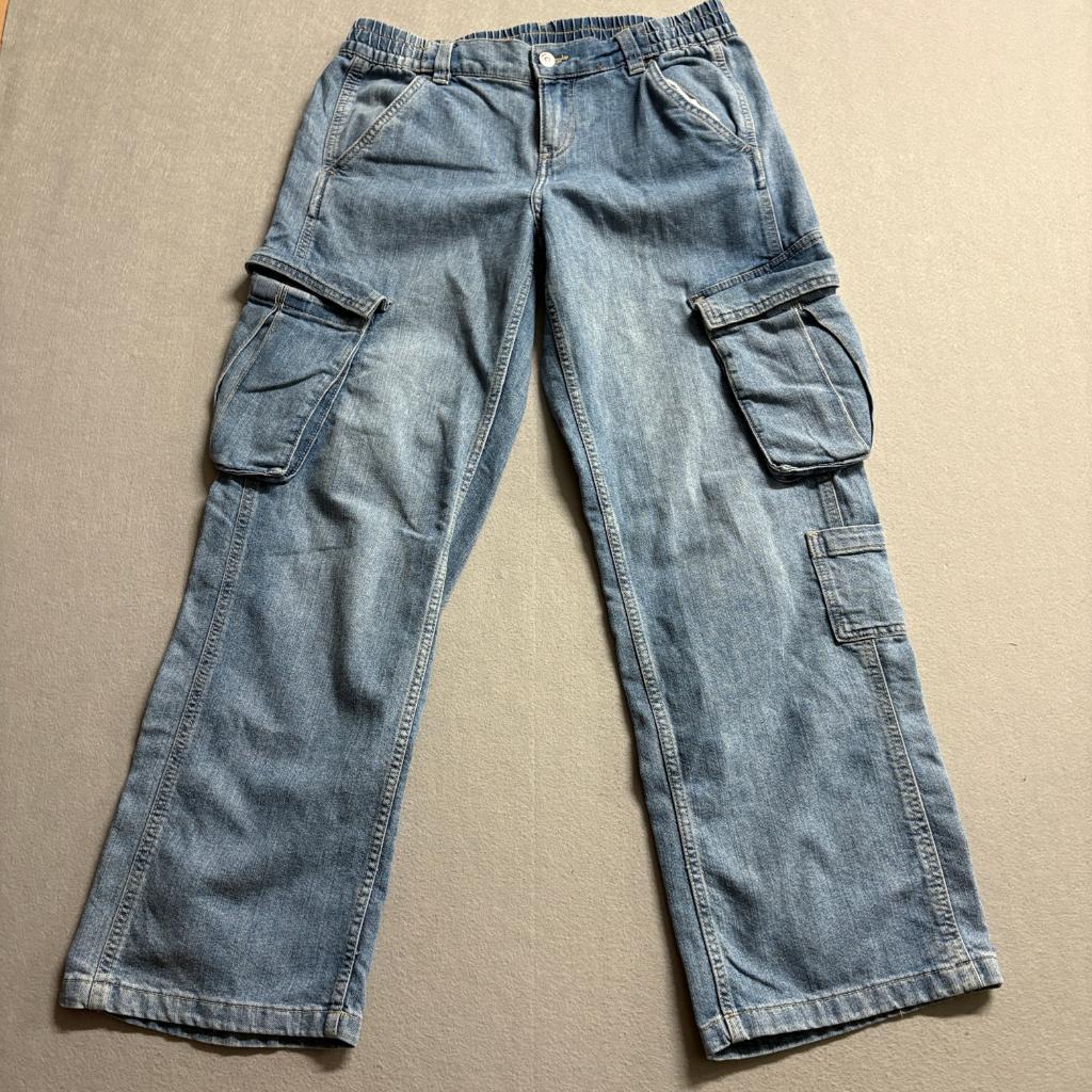H&M Divided Women Blue Cargo Jeans Size 6 Elastic Waist Wide Leg Denim Pants
