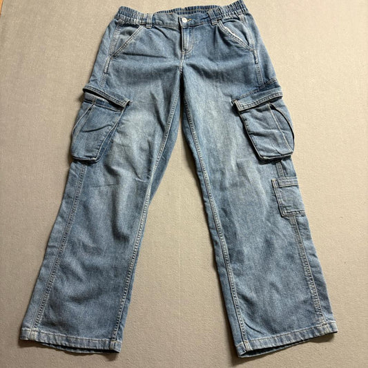 H&M Divided Women Blue Cargo Jeans Size 6 Elastic Waist Wide Leg Denim Pants