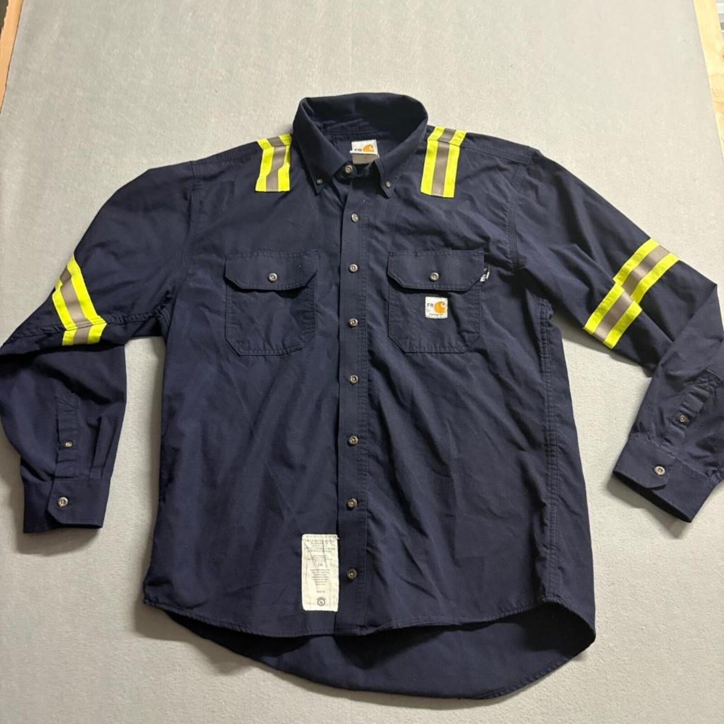 Carhartt FR Shirt Mens Large Navy Blue Flame Resistant Reflective Workwear