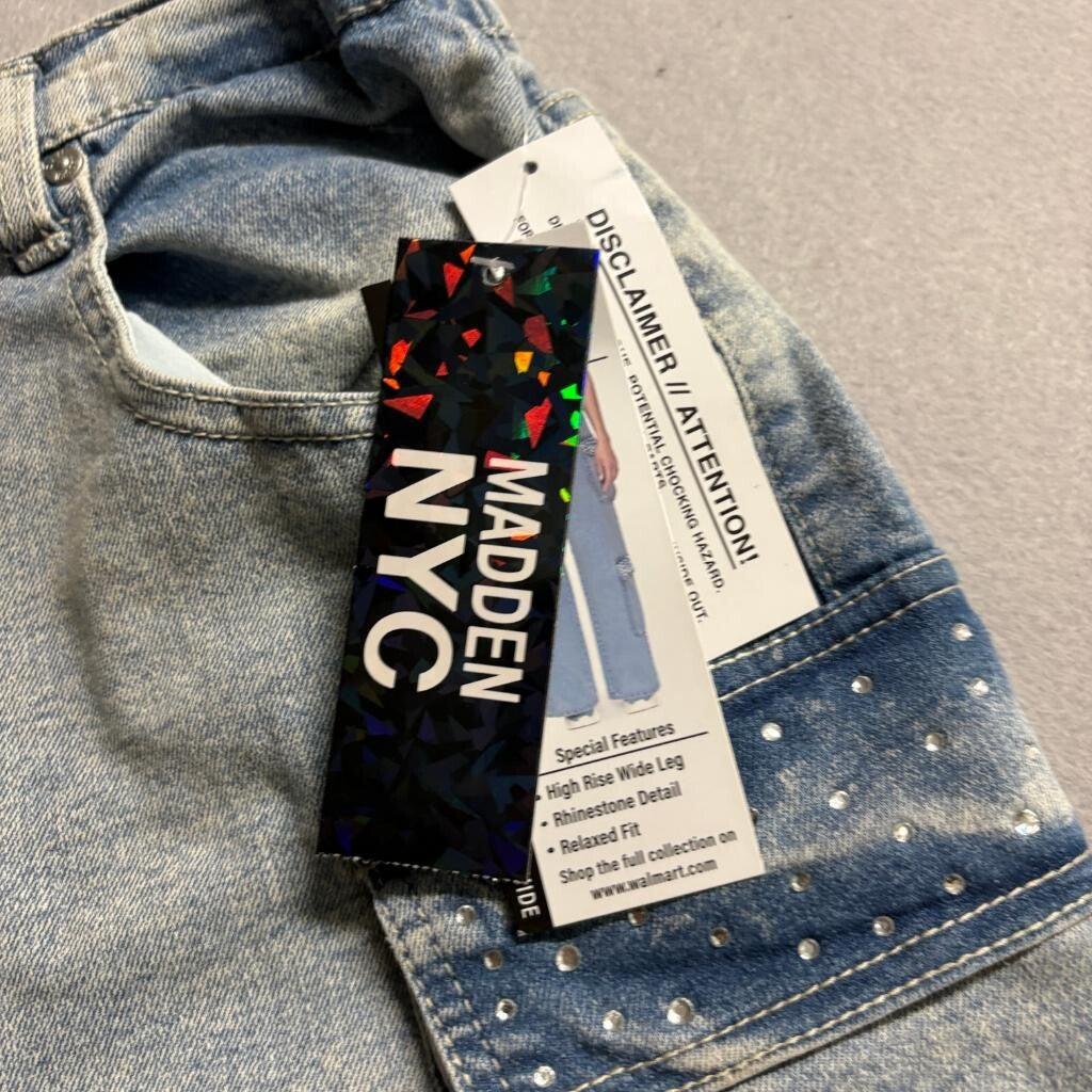 Madden NYC Wide Leg Cargo Jeans Womens XL 16-18 Rhinestone Blue Denim New
