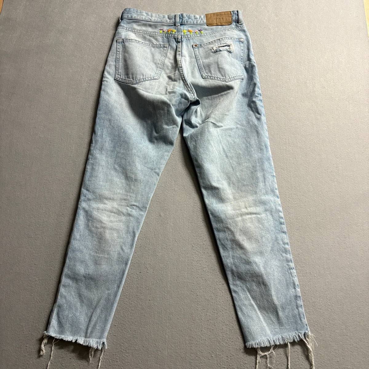 H&M &Denim Boyfriend Jeans Womens 4 Blue Distressed Embroidered Flowers Raw Hem