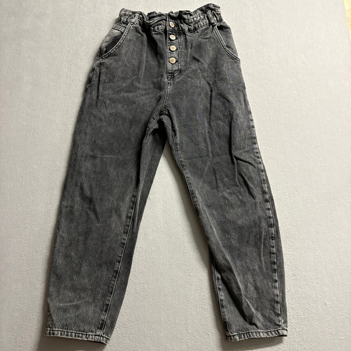 Zara Paperbag Waist Jeans Womens US 6 Gray Acid Wash Button Fly Tapered Denim