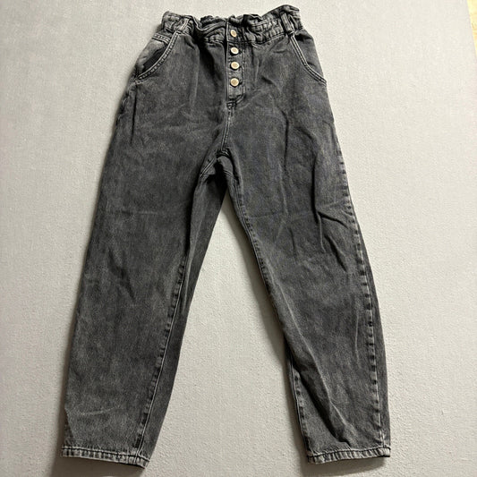 Zara Paperbag Waist Jeans Womens US 6 Gray Acid Wash Button Fly Tapered Denim