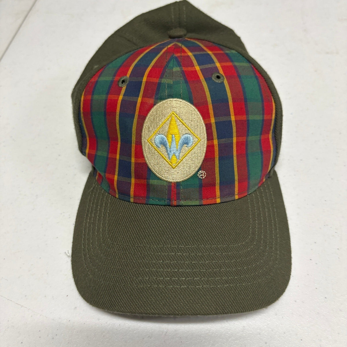 Boy Scouts Webelos Uniform Hat Cap M/L Olive Green Plaid Flex Fit
