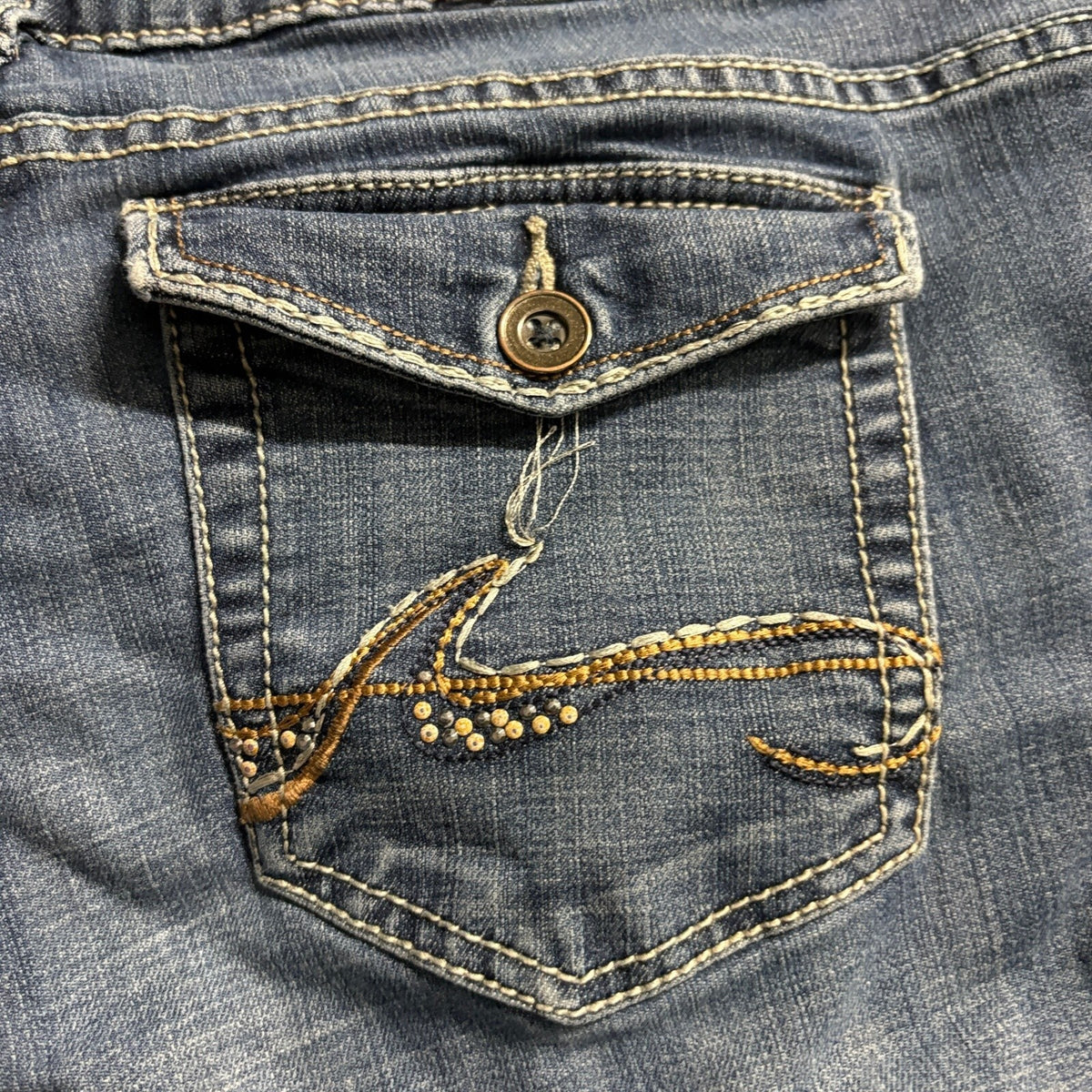 Wrangler Aura Womens Blue Denim Bootcut Jeans Flap Pocket Embroidered Inseam