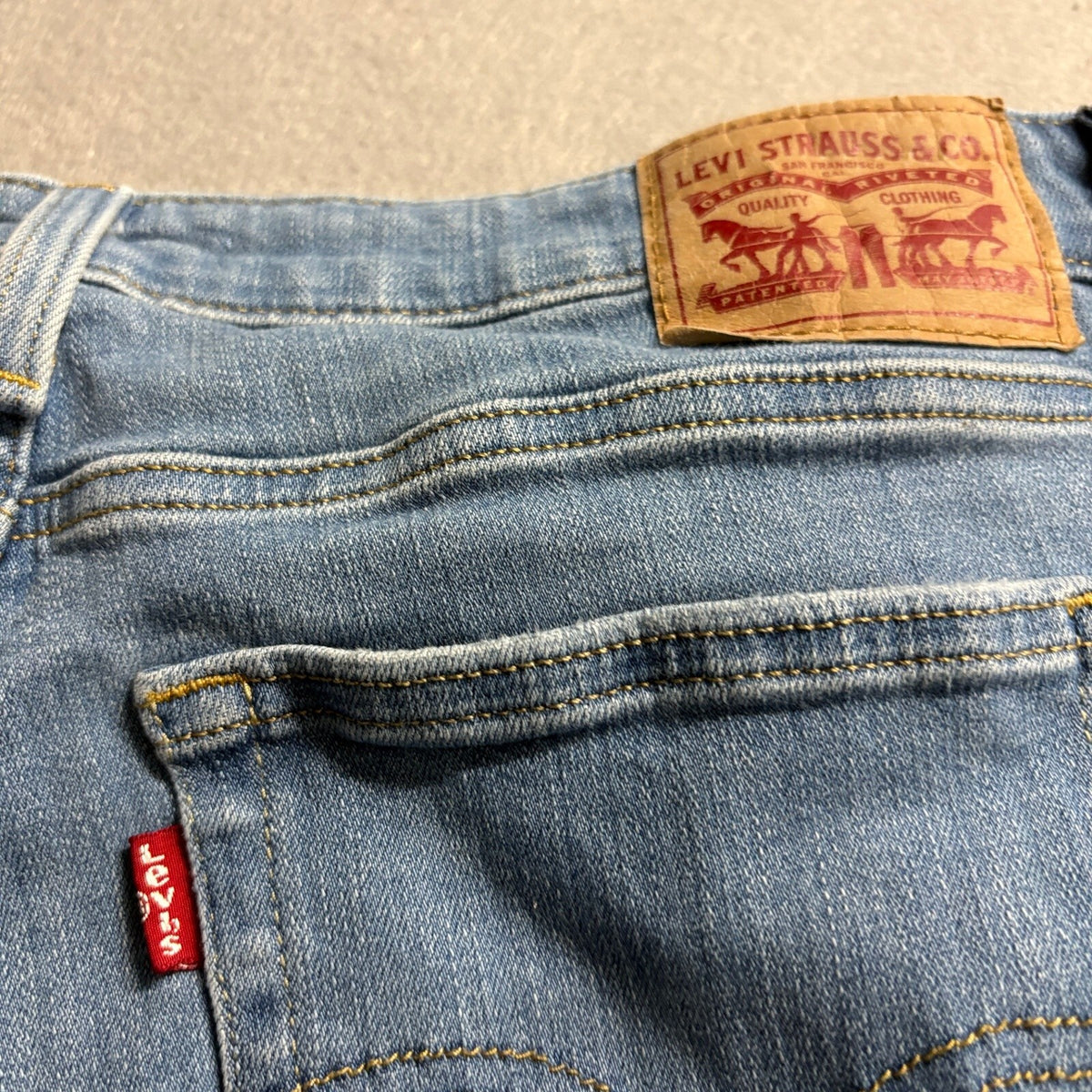 Levis 726 Flare Jeans Womens Size 33 Blue Denim Distressed Ripped Knee High Rise