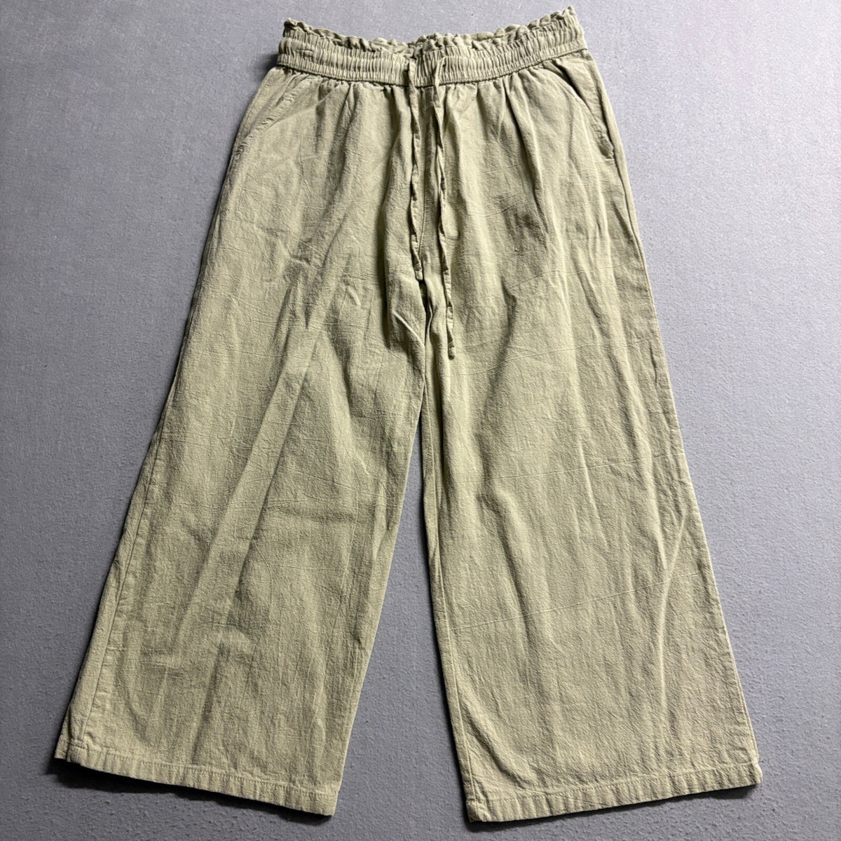 Unbranded Linen Cotton Wide Leg Pants Womens Small Green Drawstring Elastic