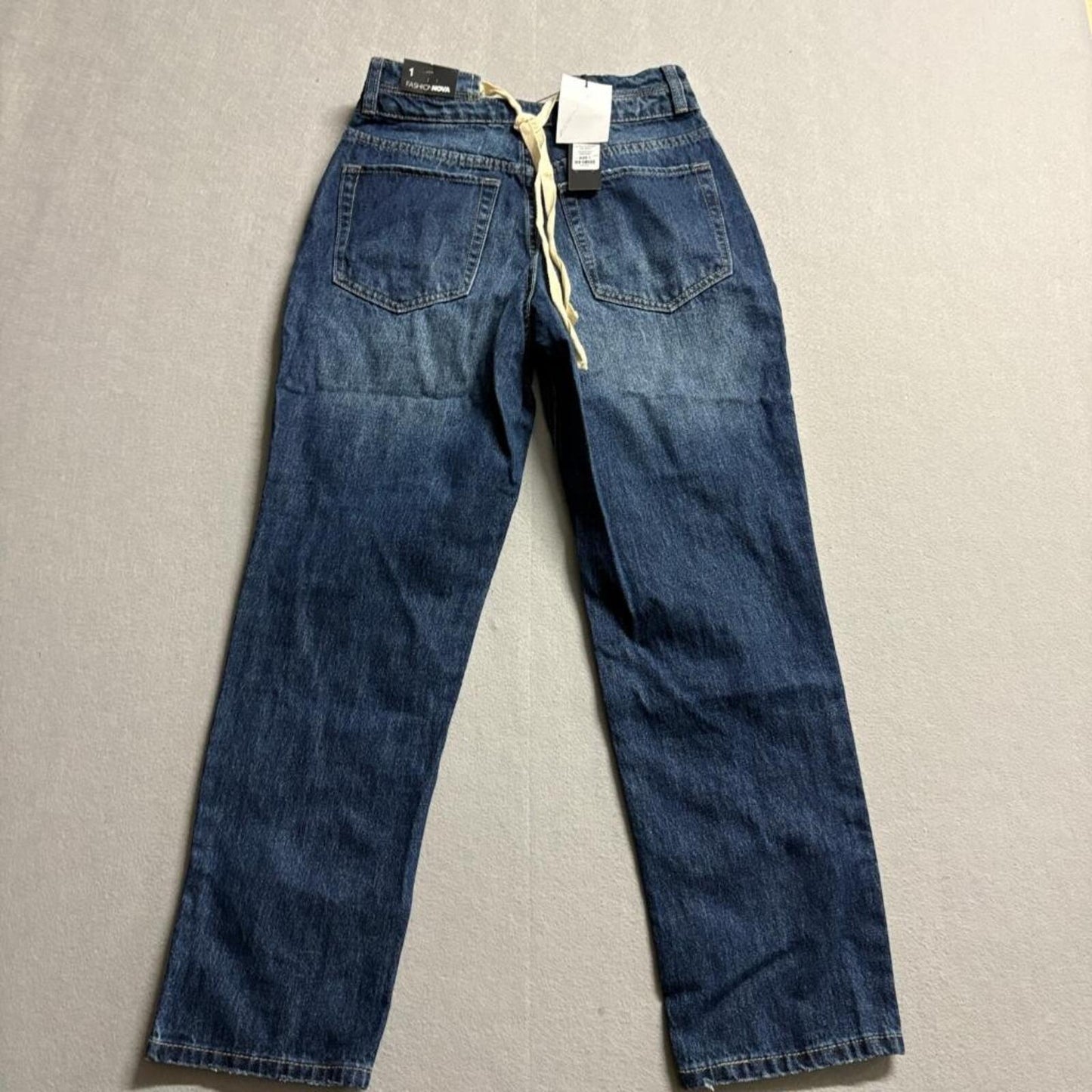 Fashion Nova All Tied Up Straight Leg Jeans Womens Size 1 Dark Wash Denim Cotton