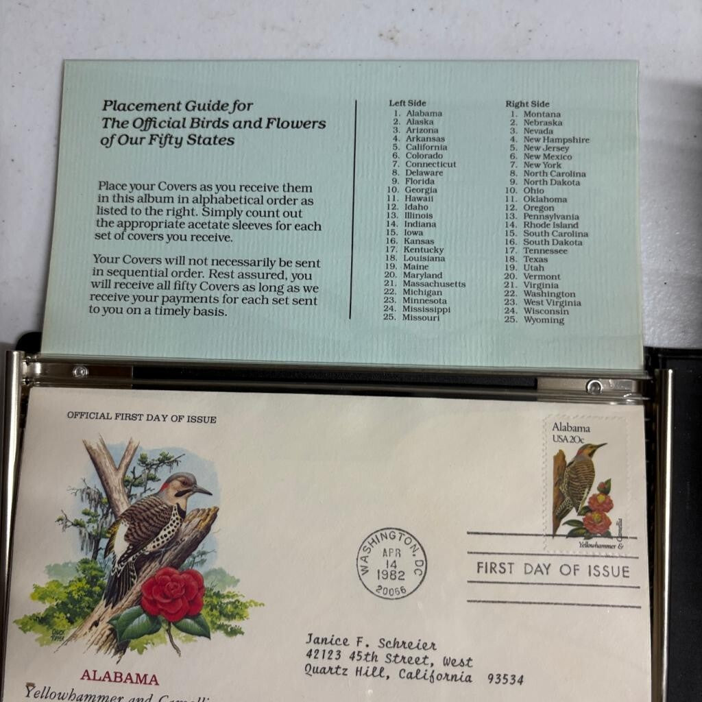 1982 State Birds and Flowers First Day Cover Collection Album Postal